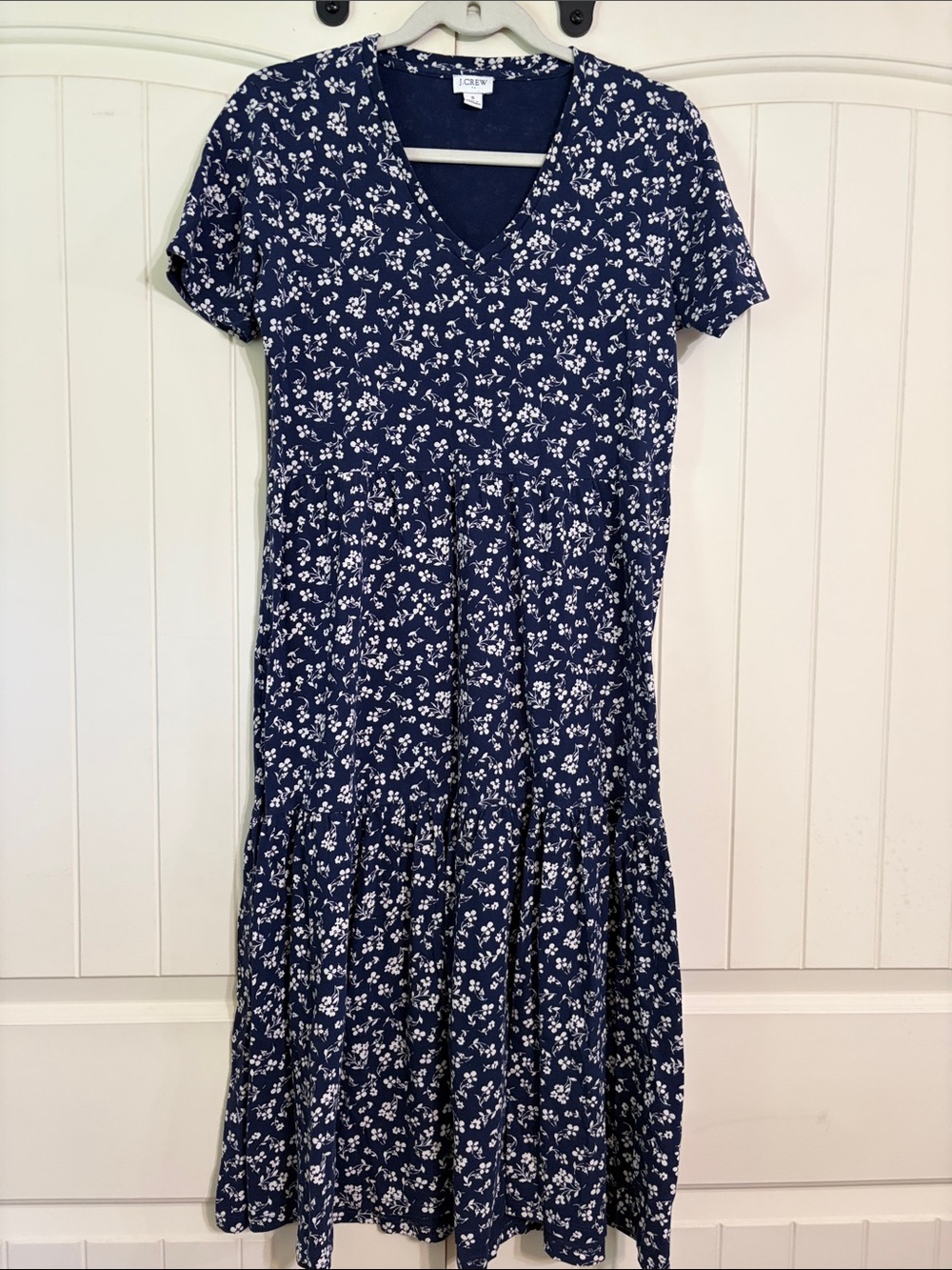 J. Crew Navy and White Floral V-Neck Midi Dress Size S
